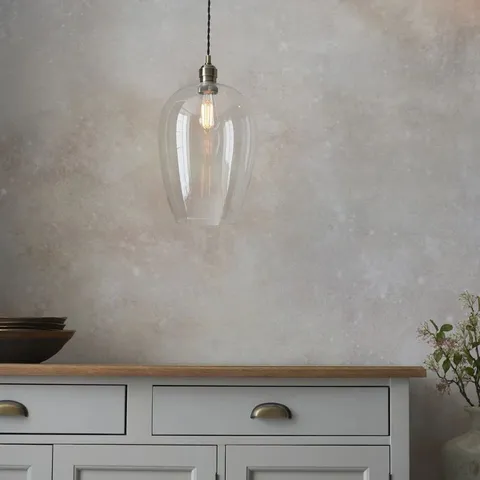 BOXED ENDON 1 LIGHT PENDANT ANTIQUE BRASS PLATE & CLEAR GLASS