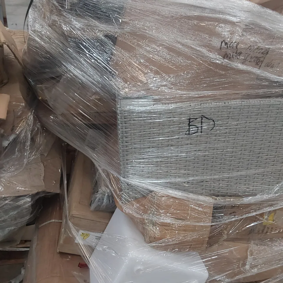 PALLET OF ASSORTED ITEMS, INCLUDING, PETROL LAWNMOWER, EGG CHAIRM BOXED FURNITURE PARTS 