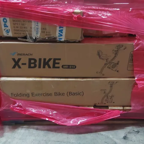 PALLET OF ASSORTED ITEMS INCLUDING: MERACH X-BIKE, FOLDING EXERCISE BIKE ECT