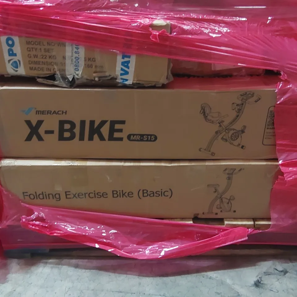 PALLET OF ASSORTED ITEMS INCLUDING: MERACH X-BIKE, FOLDING EXERCISE BIKE ECT
