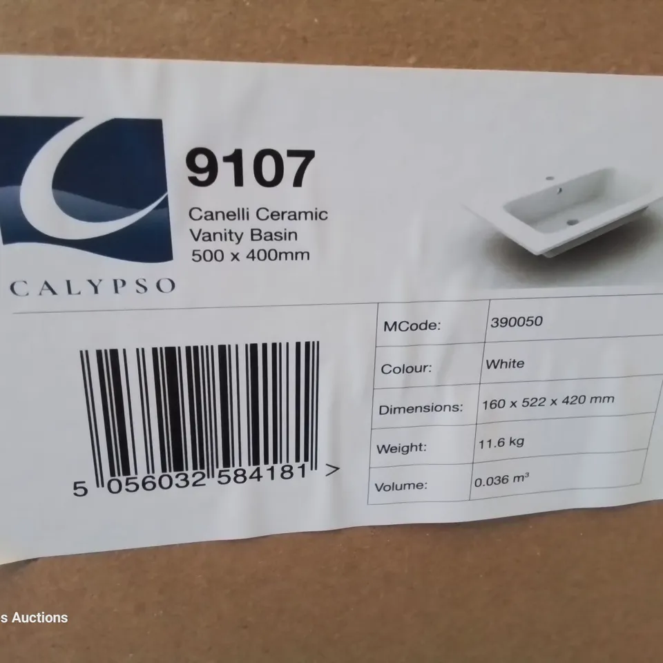 BOXED CANELLI CERAMIC SINGLE TAP VANITY BASIN WHITE 500 × 400mm