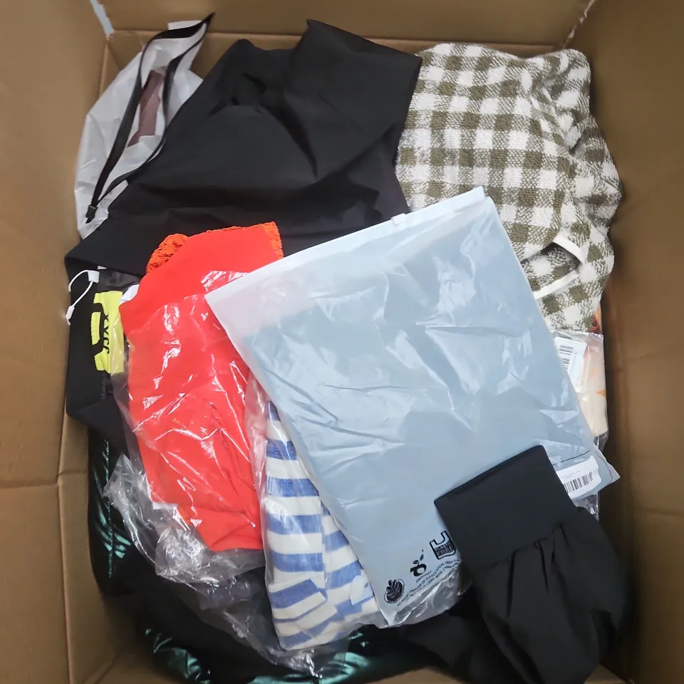 LARGE BOX OF APPROXIMATELY 25 ASSORTED CLOTHING ITEMS IN VARIOUS COLOURS, STYLES AND SIZES - COLLECTION ONLY