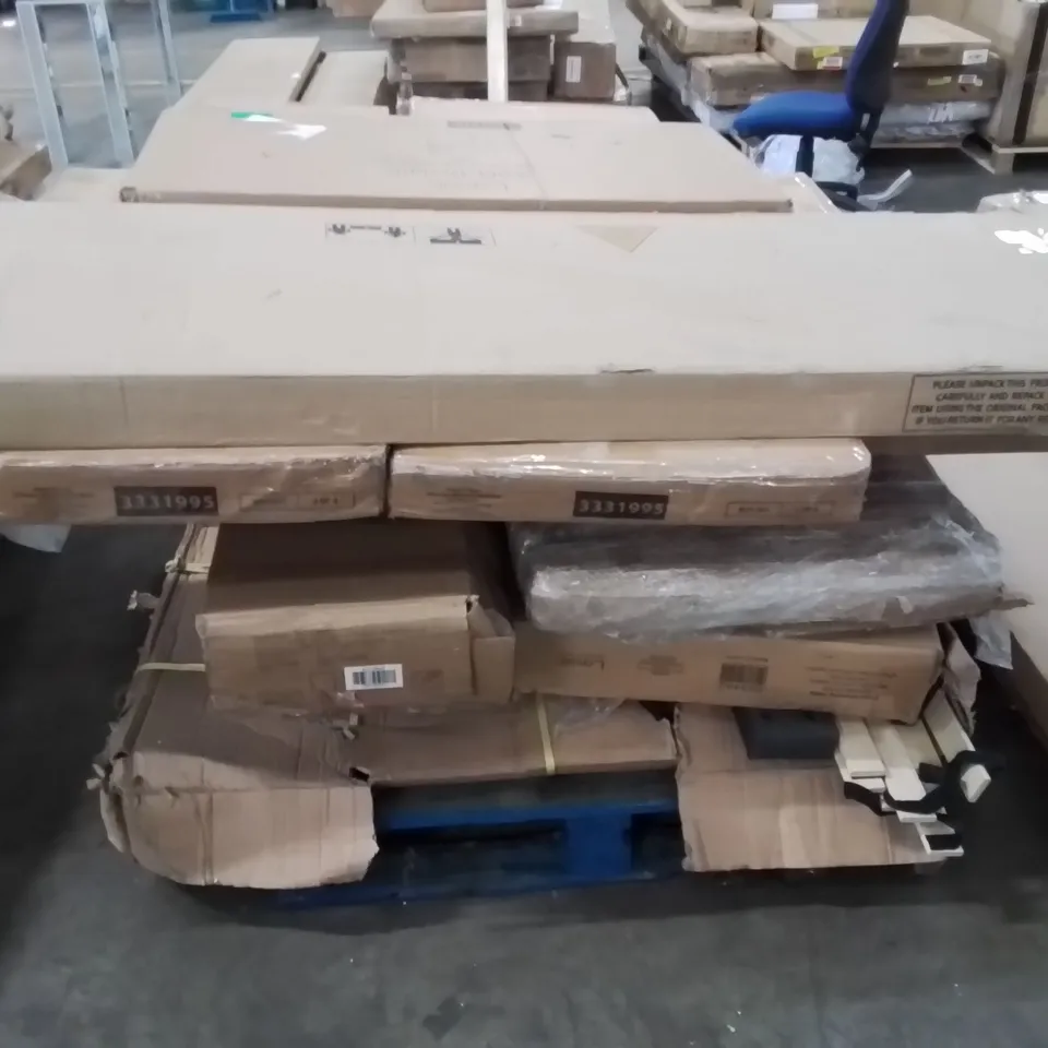 PALLET CONTAINING VARIOUS INCOMPLETE BOXED FURNITURE PARTS AND OTHER HOUSEHOLD ITEMS ETC.