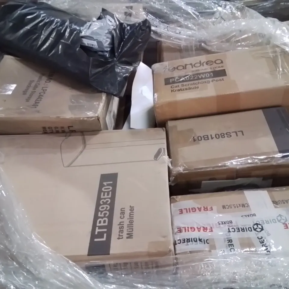PALLET CONTAINING VARIOUS ASSORTED BOXED ITEMS TO INCLUDE: WASTE BIN, CAT SCRATCHING POST, NESTING TABLES ECT.