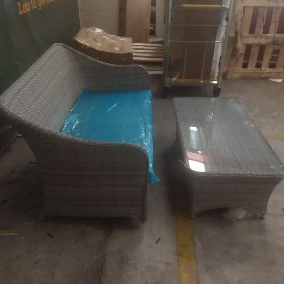 RATTAN 2 SEATER GARDEN CHAIR AND GLASS TOP TABLE