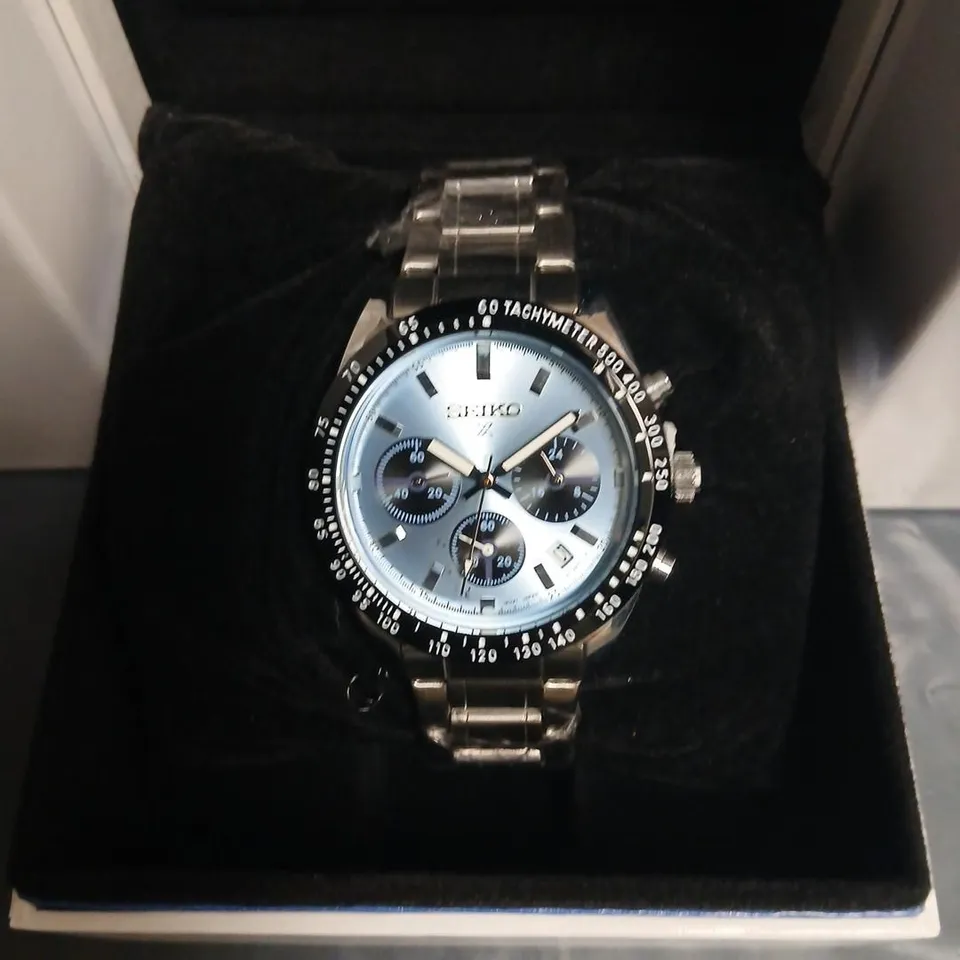 SEIKO CHRONOGRAPH STAINLESS STEEL WATCH – BLUE DIAL, BOXED