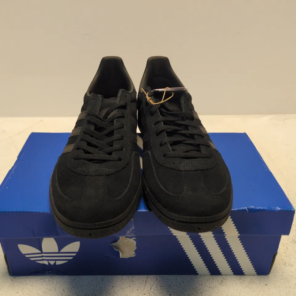 BOXED PAIR OF ADIDAS HANDBALL SPEZIAL SNEAKERS – BLACK SUEDE, UK 9