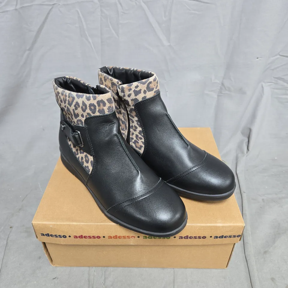 ADESSO BLACK/ANIMAL PRINT ANKLE BOOT SIZE 39 BOXED