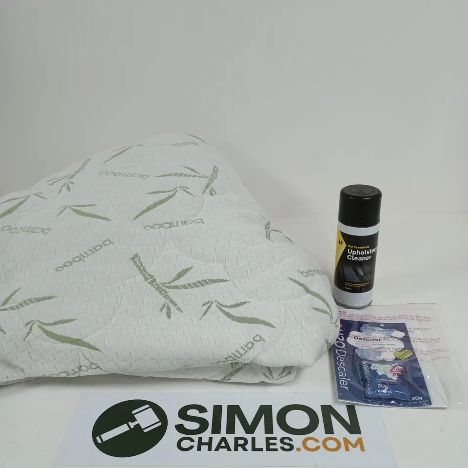 APPROXIMATELY 15 ASSORTED HOUSEHOLD ITEMS TO INCLUDE BAMBOO MATTRESS PROTECTOR, H20 DESCALER AND UPHOLSTERY CLEANER