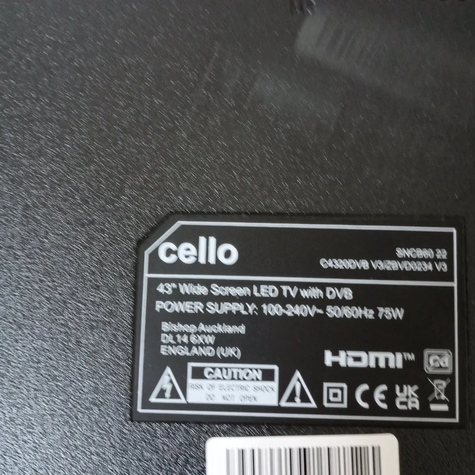 CELLO 43" WIDE SCREEN LED TV WITH DVB, HDMI SCREEN DAMAGED
