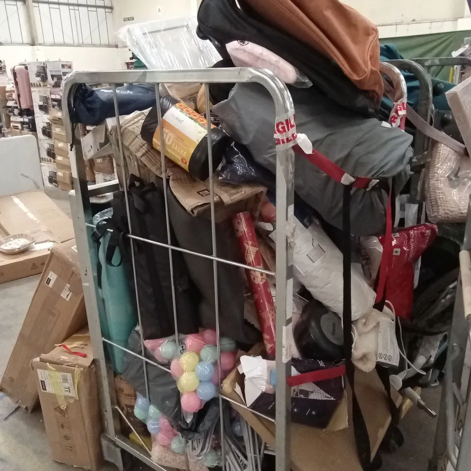 CAGE OF ASSORTED HOUSEHOLD GOODS AND PRODUCTS TO INCLUDE; WRAPPING PAPER, REFUSE SACKS, CABIN BAGS ETC - CAGE NOT INCLUDED
