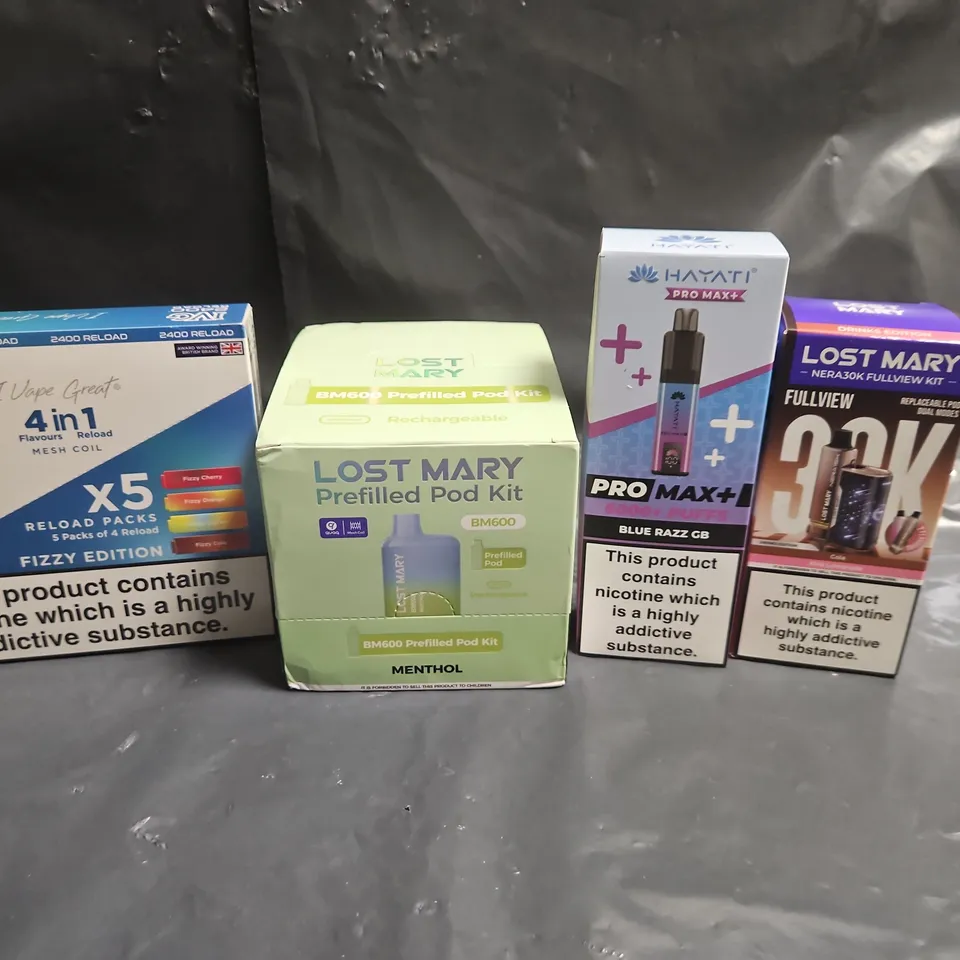 LOT OF APPROXIMATELY 20 ASSORTED ELECTRONIC CIGARETTE ITEMS TO INCLUDE HAYATI PRO MAX WITH PODS, IVG 4-IN-1 REPLACEMENT PODS AND LOST MARY FULLVIEW WITH REPLACEABLE PODS