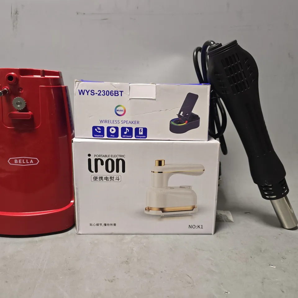 BOX OF APPROXIMATELY 20 ASSORTED ITEMS TO INCLUDE - PORTABLE IRON , WIRELESS SPEAKER , BELLA CAN OPENER ETC