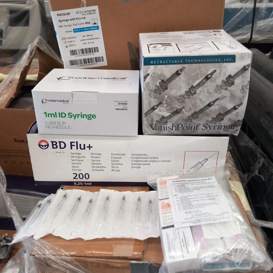 PALLET OF ASSORTED MEDICAL SUPPLIES TO INCLUDE; STANDARD ANAPHYLAXIS KIT, VANISH POINT SYRINGES, BD FLU+ SYRINGES AND FRONTIER MEDICAL SINGLE USE SYRINGES