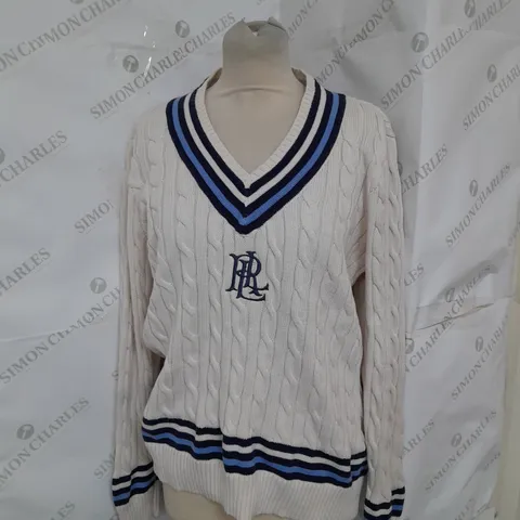 LAUREN RALPH LAUREN VNECK CABLE KNIT SWEATER IN IVORY WITH BLUE STRIPE