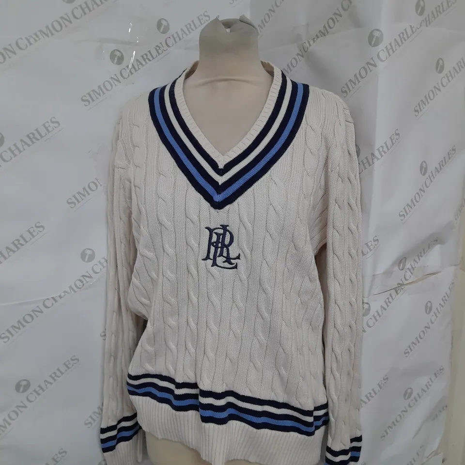 LAUREN RALPH LAUREN VNECK CABLE KNIT SWEATER IN IVORY WITH BLUE STRIPE