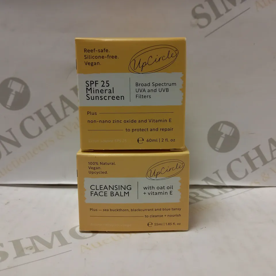 LOT OF 2 UPCIRCLE PRODUCTS TO INCLUDE CLEANSING FACE BALM 55ML & SPF25 MINERAL SUNSCREEN 60ML