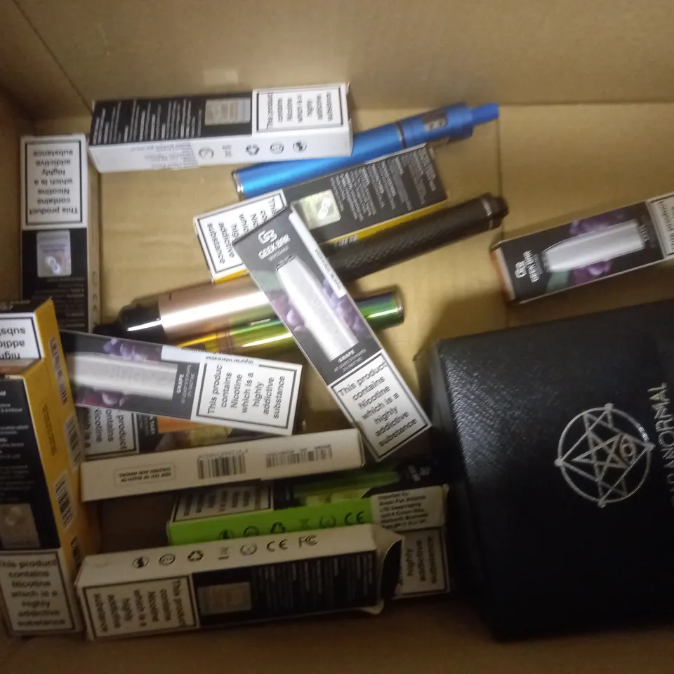 BOX OF APPROX 15 ASSORTED E-CIGARETTES AND DISPOSABLE VAPES 