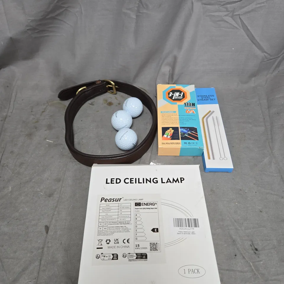 APPROXIMATELY 15 ASSORTED HOUSEHOLD ITEMS TO INCLUDE GOLF BALLS, BELT, LED CEILING LAMP, STRAW SET, DATA CABLE ETC