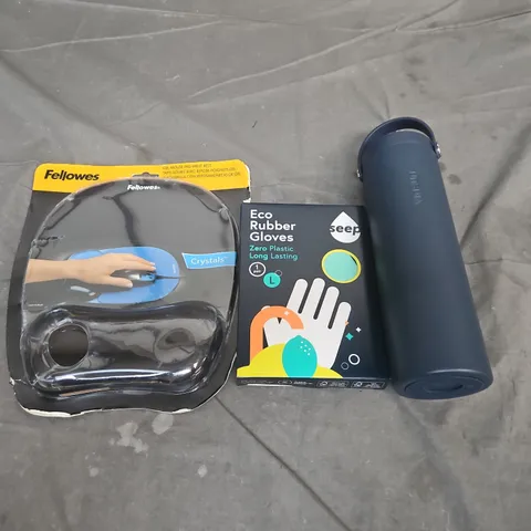 LARGE BOX OF APPROX 10 ASSORTED HOUSEHOLD ITEMS TO INCLUDE FELLOWES GEL MOUSE PAD; ECO RUBBER GLOVES; INSULATED WATER BOTTLE - COLLECTION ONLY