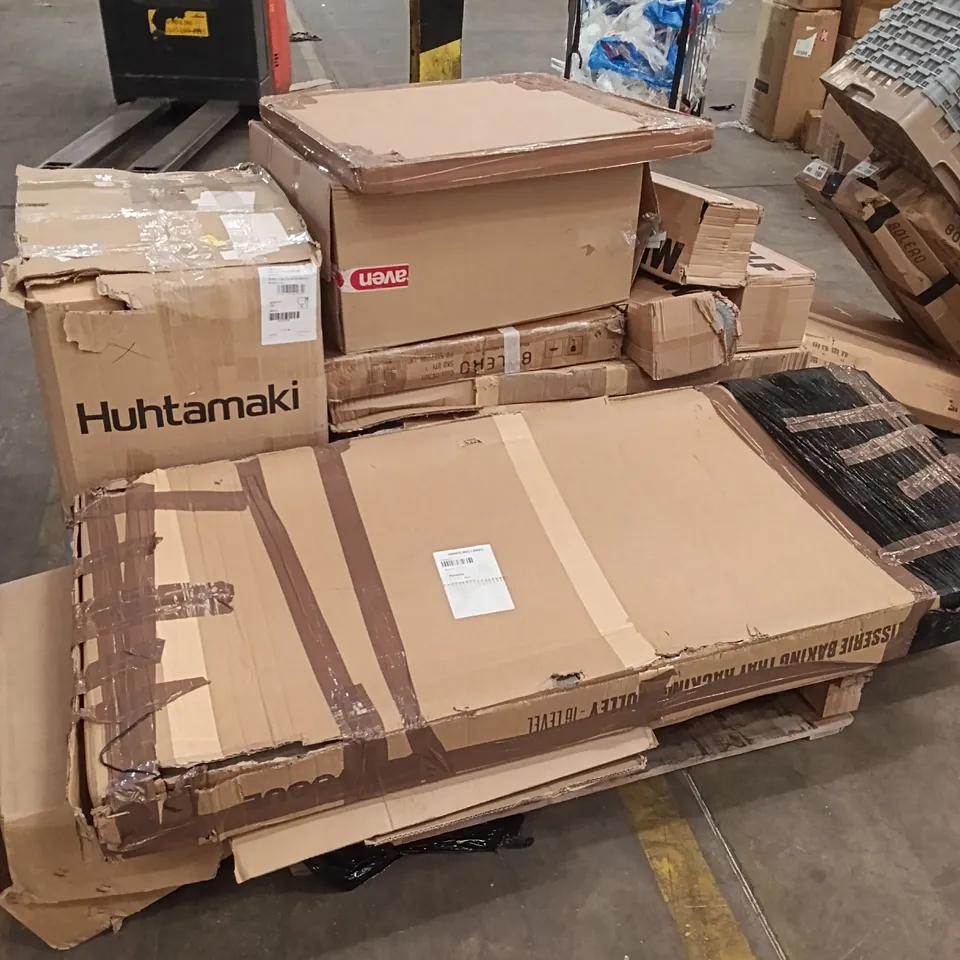 PALLET OF ASSORTED GOODS TO INCLUDE TABLE TOP, SHELVING UNIT & BIN.