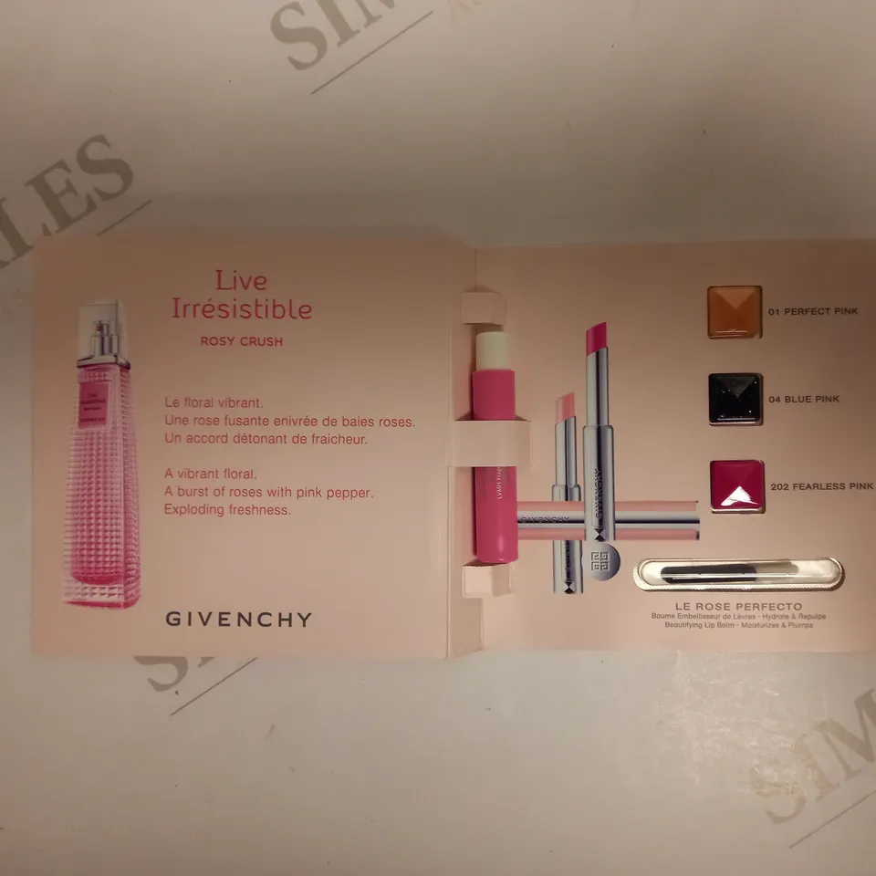 APPROXIMATELY 50 GIVENCHY I BELIEVE IN PINK LIVE IRRESISTIBLE ROSY CRUSH SAMPLE TO INCLUDE 1ML EAU DE PARFUM FLORALE AND 3 X 0.3g LE ROSE PERFECTO BEAUTIFYING LIP BALM 