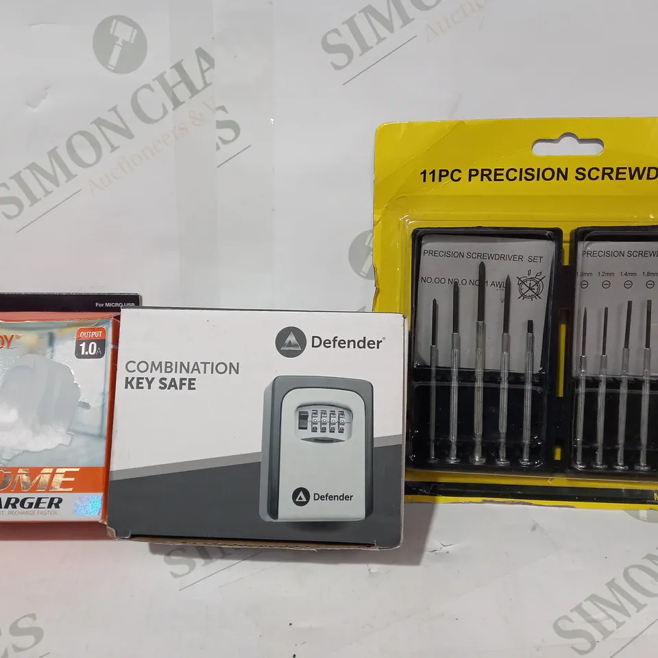 LOT OF APPROXIMATELY 10 ASSORTED HOUSEHOLD ITEMS TO INCLUDE COMBINATION KEY SAFE, HOME CHARGER, 11PC PRECISION SCREWDRIVER, ETC