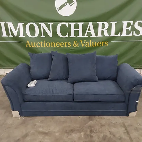 QUALITY DESIGNER 3 SEATER FABRIC UPHOLSTERED SOFA - NAVY BLUE