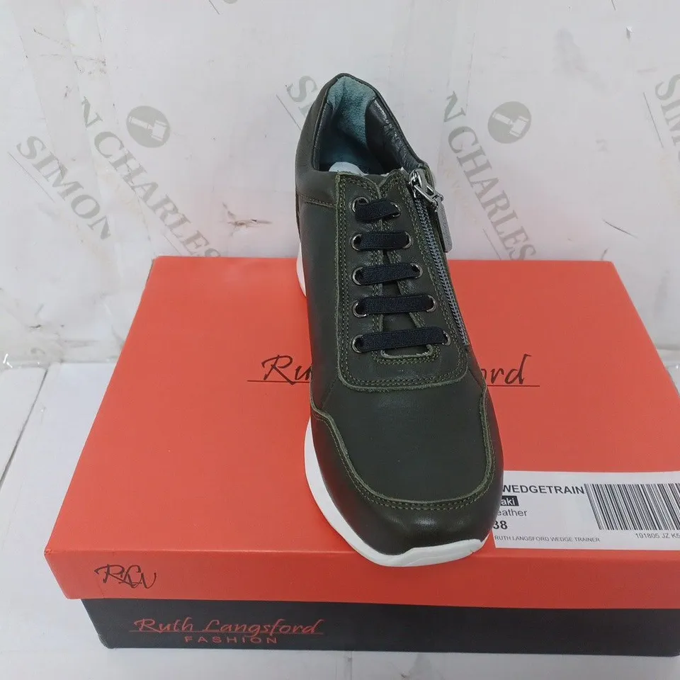 BOXED PAIR OF RUTH LANGSFORD WEDGE TRAINERS IN KHAKI SIZE 5