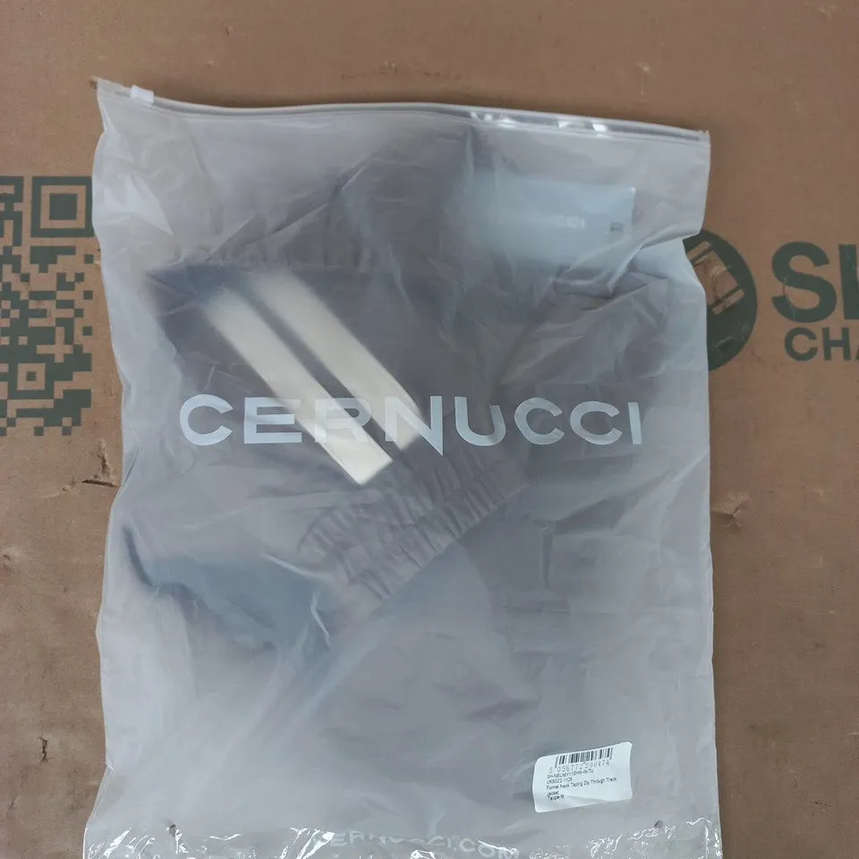 BAGGED CERNUCCI FUNNEL NECK TAPING ZIP-THROUGH TRACK JACKET IN TAUPE SIZE MEDIUM