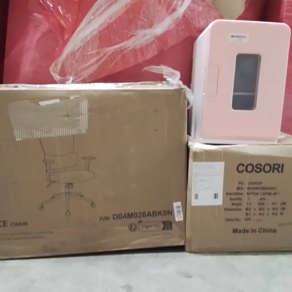 PALLET OF ASSORTED HOUSEHOLD GOODS AND PRODUCTS TO INCLUDE;OFFICE CHAIR,AIR FRYER,MINI FRIDGE