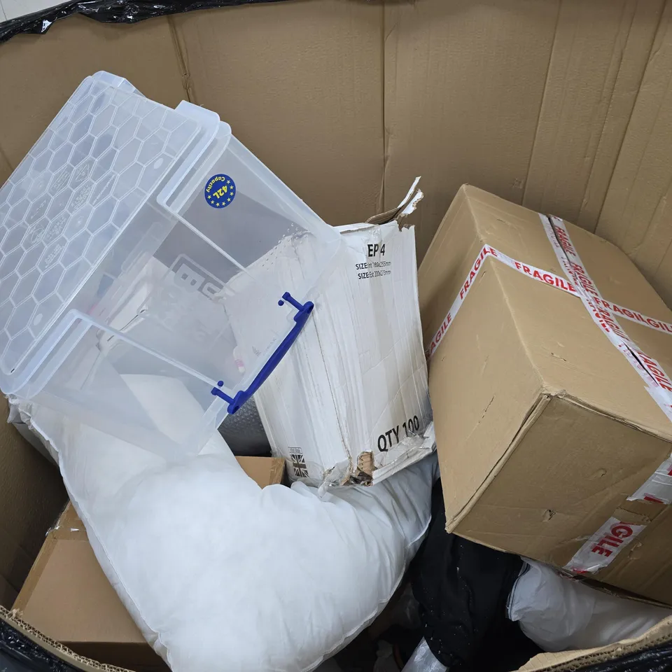 PALLET TO CONTAIN A LARGE ASSORTMENT OF HOUSEHOLD ITEMS TO INCLUDE STORAGE BOX, CLOTHING, CAR MATS ETC 