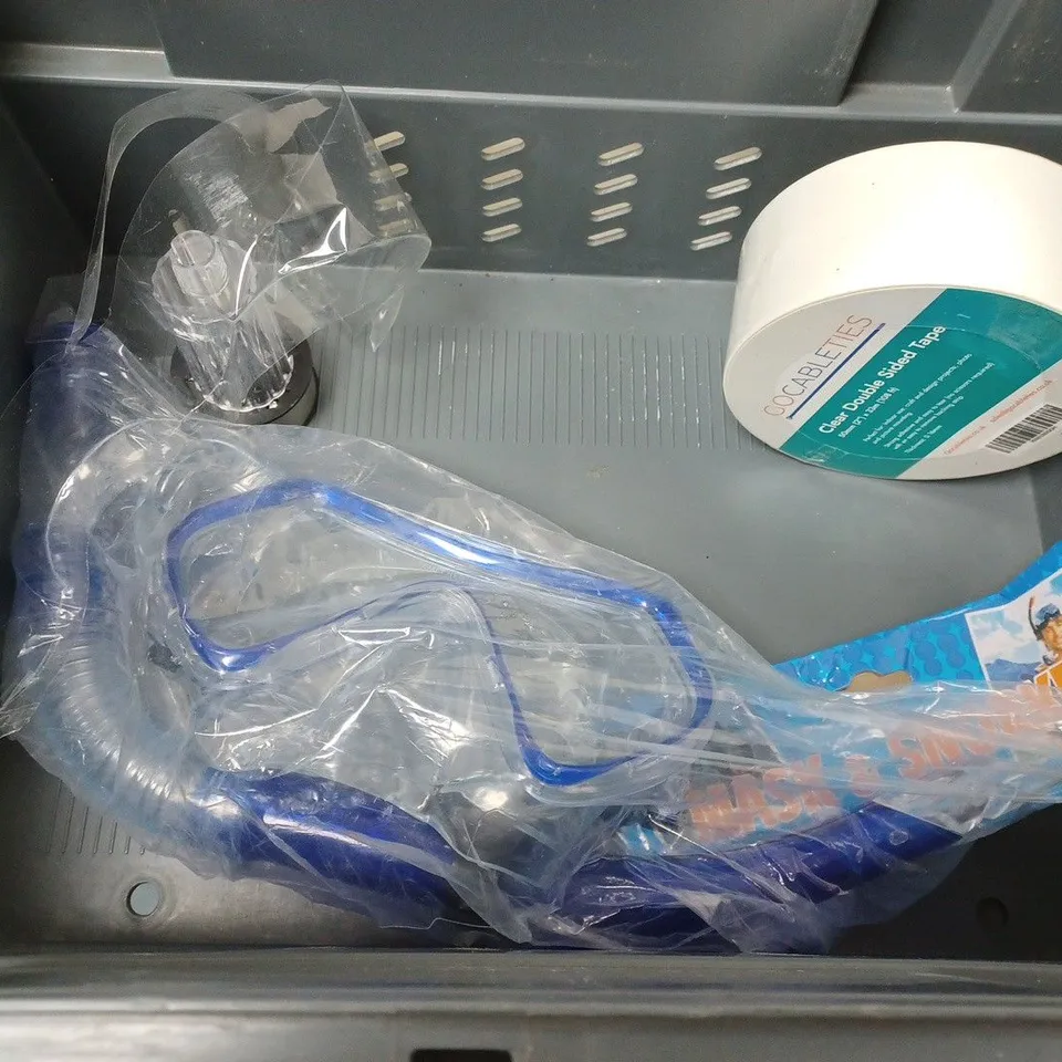 BOX OF APPROXIMATELY 7 ASSORTED ITEMS TO INCLUDE -  MASK & SNORKEL , LENOR SCENT BOOSTER , CLEAR DOUBLE SIDED TAPE ETC