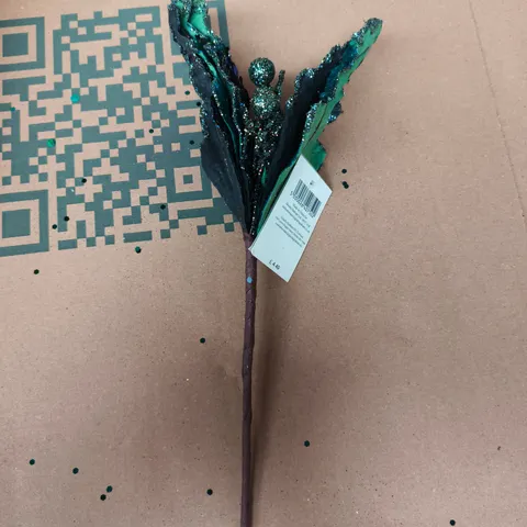 APPROXIMATELY 24 GISELA GRAHAM NAVY/GREEN FABRIC AND GLITTER POINSETTIA PICK ORNAMENTS