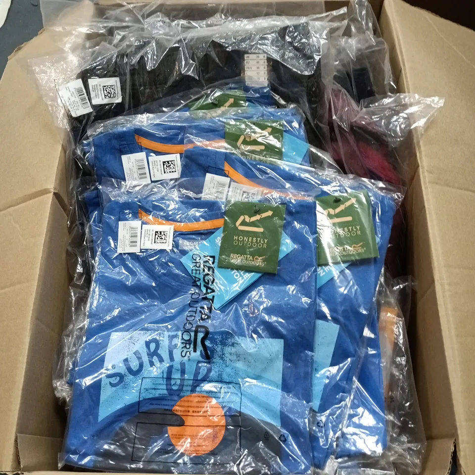 BOX OF APPROXIMATELY 40 BRAND NEW ASSORTED REGATTA CLOTHING ITEMS IN VARIOUS STYLES , COLOURS AND SIZES INCLUDING FRANK COAT AND EXPLORE COAT 