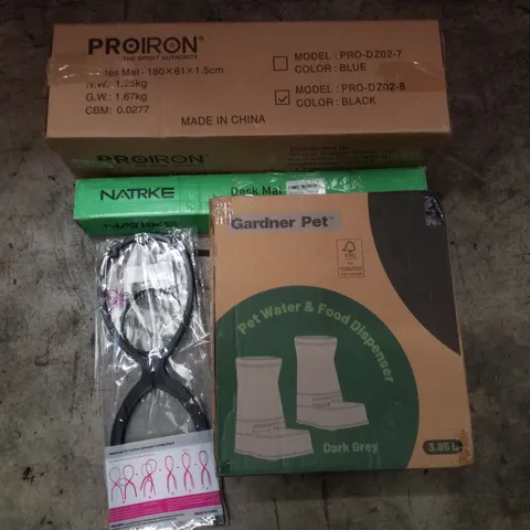 PALLET CONTAINING ASSORTED PRODUCTS INCLUDING PILATES MAT, DESK MAT, PET WATER & FOOD DISPENSER & TALL WIG STAND
