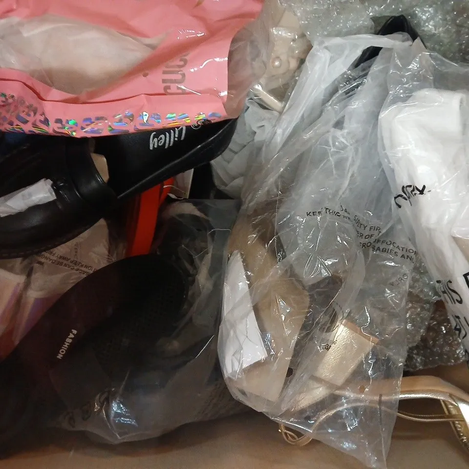 BOX OF APPROXIMATELY 15 ASSORTED PAIRS OF SHOES AND FOOTWEAR ITEMS IN VARIOUS COLOURS, STYLES, AND SIZES - COLLECTION ONLY