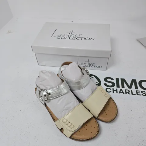 LEATHER COLLECTION NATASHA SANDALS – BEIGE LEATHER, SILVER ANKLE STRAP, UK SIZE 6