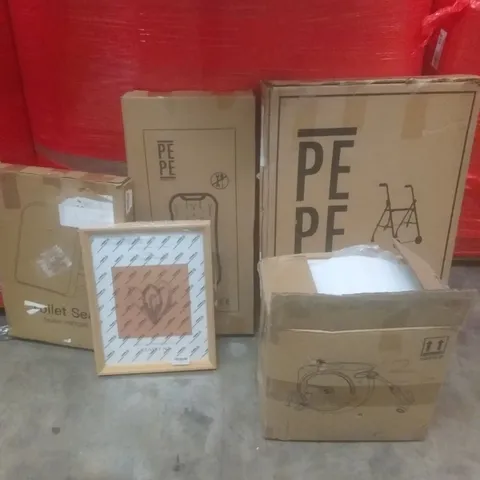 PALLET OF ASSORTED ITEMS INCLUDING TOILET SEAT, MOBILITY WALKER, BATH TRANSFER BOARD, PICTURE FRAME