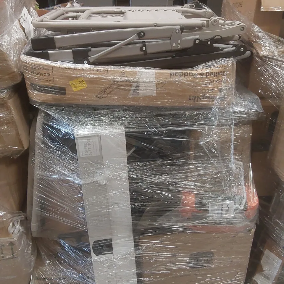 PALLET OF ASSORTED E-COMMERCE GOODS AND PRODUCTS TO INCLUDE: PADDED GRAVITY CHAIRS, TOWER COOLING FAN, KIDS HELMET AND PADS SETS, PARASOL BASE, SUITCASE ECT
