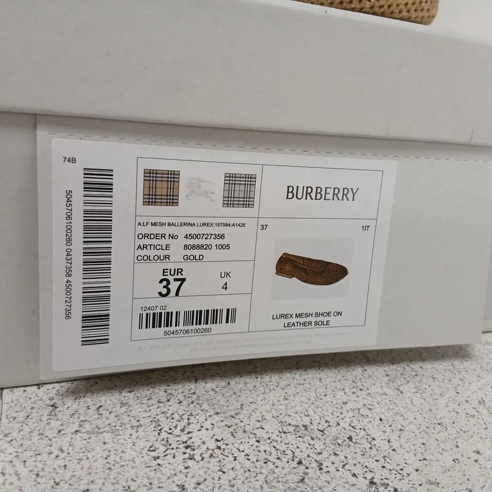 BURBERRY GOLD MESH BALLERINA FLATS – UK4 (EU37) – LEATHER SOLE, BOXED