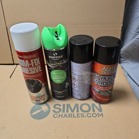 TOTE OF APPROXIMATELY 9 ASSORTED AEROSOL PRODUCTS TO INCLUDE TRIM FIX ADHESIVE, SOPPEC FOREST FLUO MARKER, AUTO EXTREME RUST ROOFER ETC