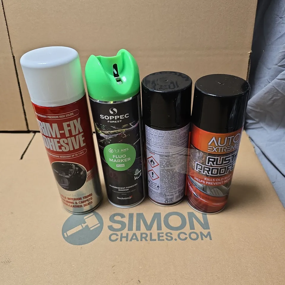 TOTE OF APPROXIMATELY 9 ASSORTED AEROSOL PRODUCTS TO INCLUDE TRIM FIX ADHESIVE, SOPPEC FOREST FLUO MARKER, AUTO EXTREME RUST ROOFER ETC