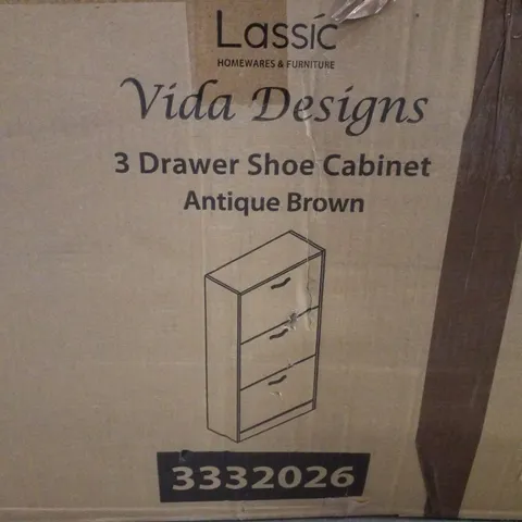 BOXED VIDA DESIGN 3 DRAWER SHOE CABINET - ANTIQUE BROWN