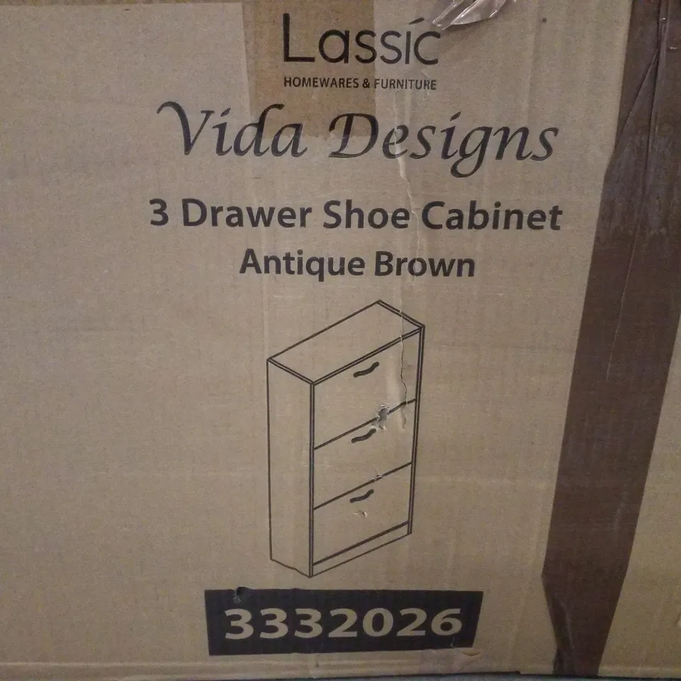BOXED VIDA DESIGN 3 DRAWER SHOE CABINET - ANTIQUE BROWN