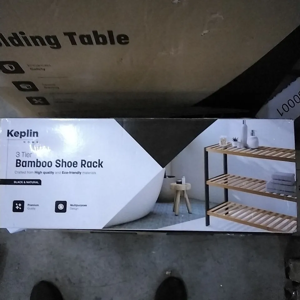 BOXED KEPLIN 3 TIER BAMBOO SHOE RACK - BLACK & NATURAL 