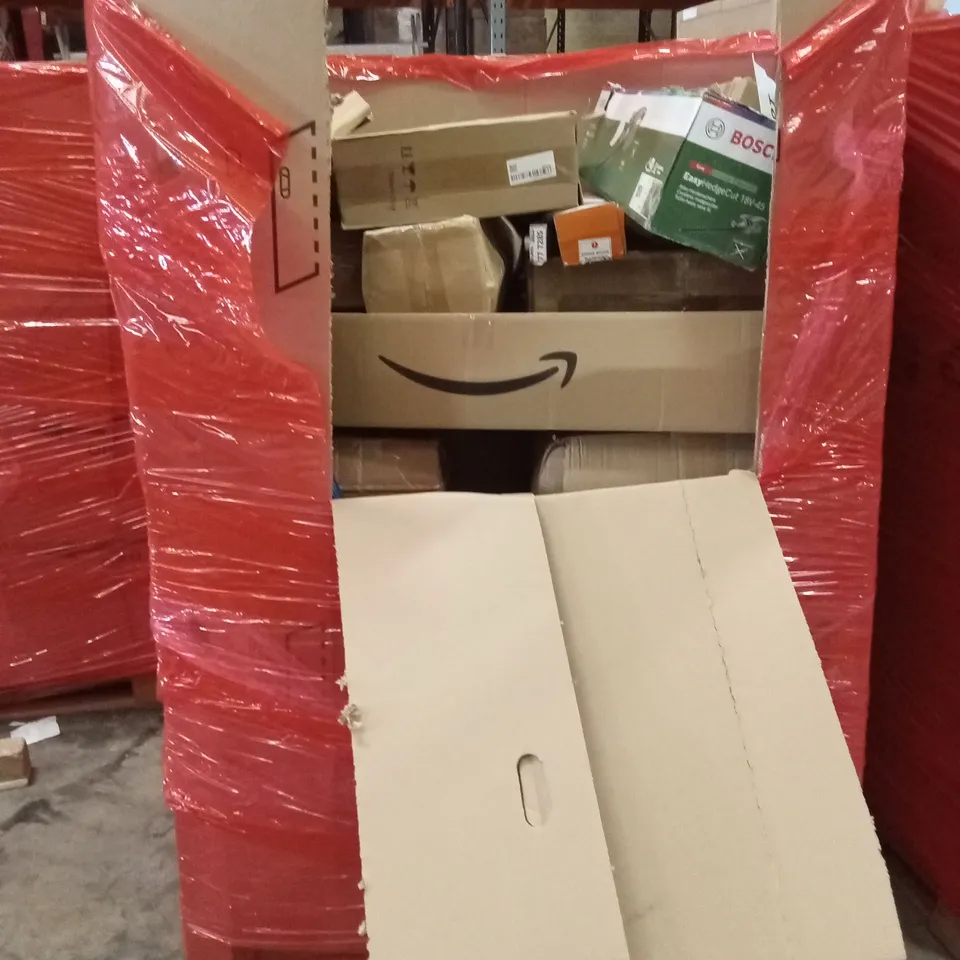 PALLET OF ASSORTED HOUSEHOLD GOODS AND PRODUCTS TO INCLUDE; HEDGE TRIMMER, CAMPING TENT, BOXED FURNITURE ETC