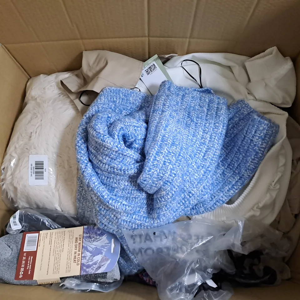 LARGE BOX OF ASSORTED CLOTHING ITEMS IN VARIOUS COLOURS AND SIZES INCLUDING TROUSERS , TOPS AND JUMPERS 