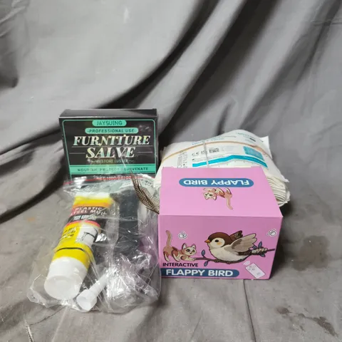 APPROXIMATELY 15 ASSORTED HOUSEHOLD ITEMS TO INCLUDE FLAPPY BIRD CAT TOYS, FURNITURE SALVE AND SOFTPORE DRESSINGS