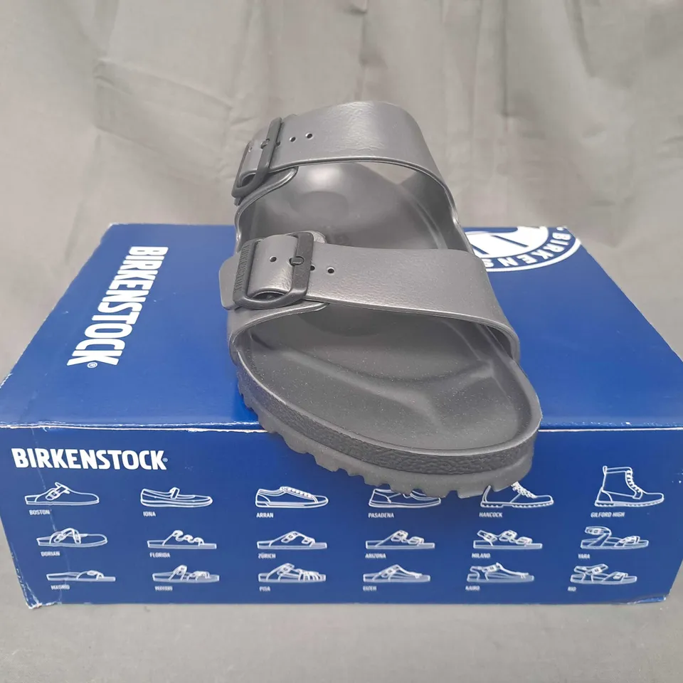 BOXED PAIR OF BIRKENSTOCK ARIZONA EVA OPEN TOE SANDALS IN DARK GREY UK SIZE 11.5 